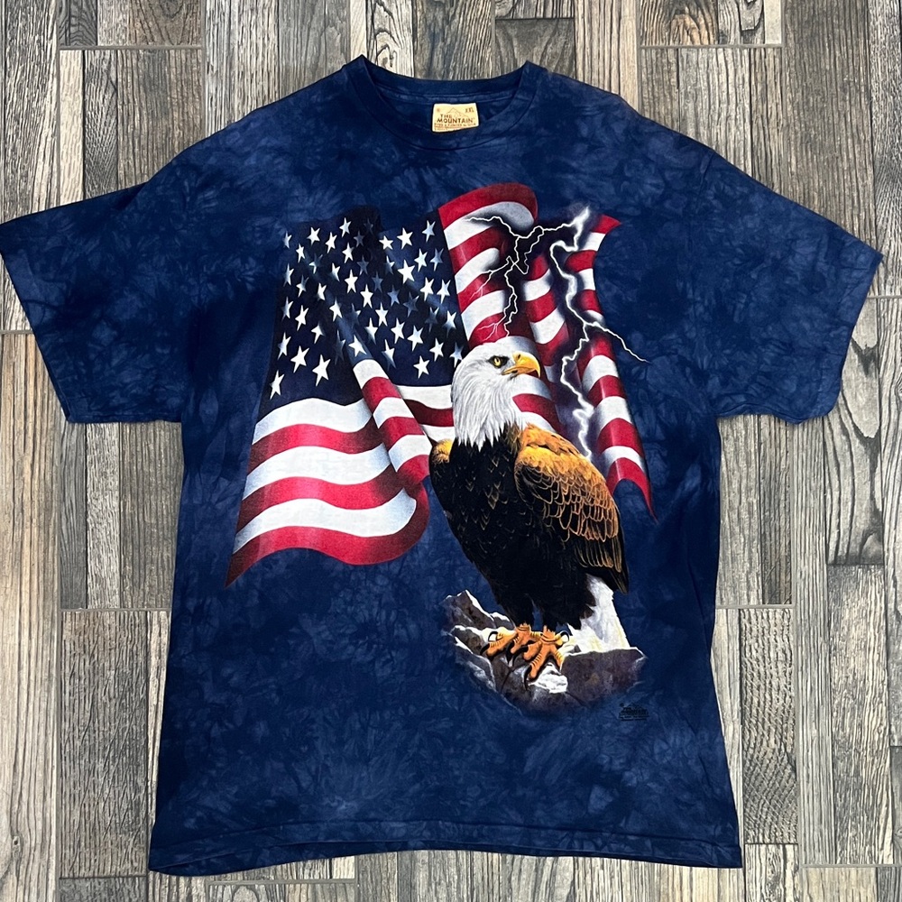 🔥 Vintage Y2K The Mountain Nature Navy Tie-Dye Eagle USA Graphic Tee 2XL - EUC
